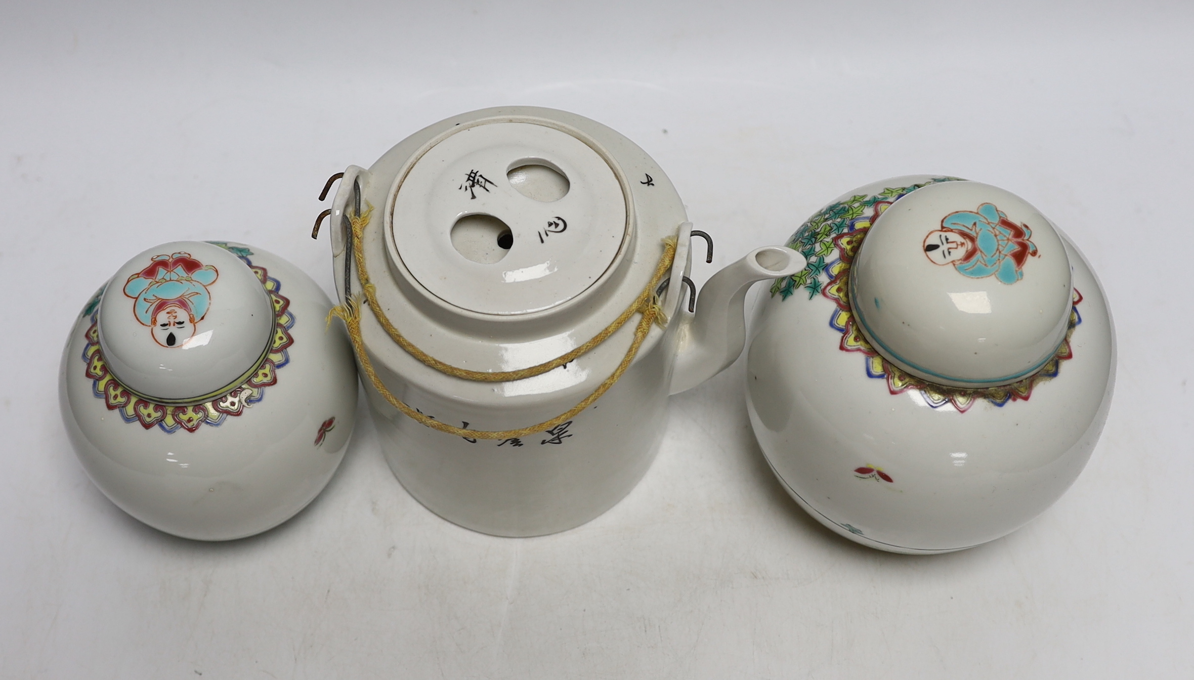 Two Chinese Imari square dishes, Kangxi, 15cm wide, two Chinese enamelled ginger jars and a teapot